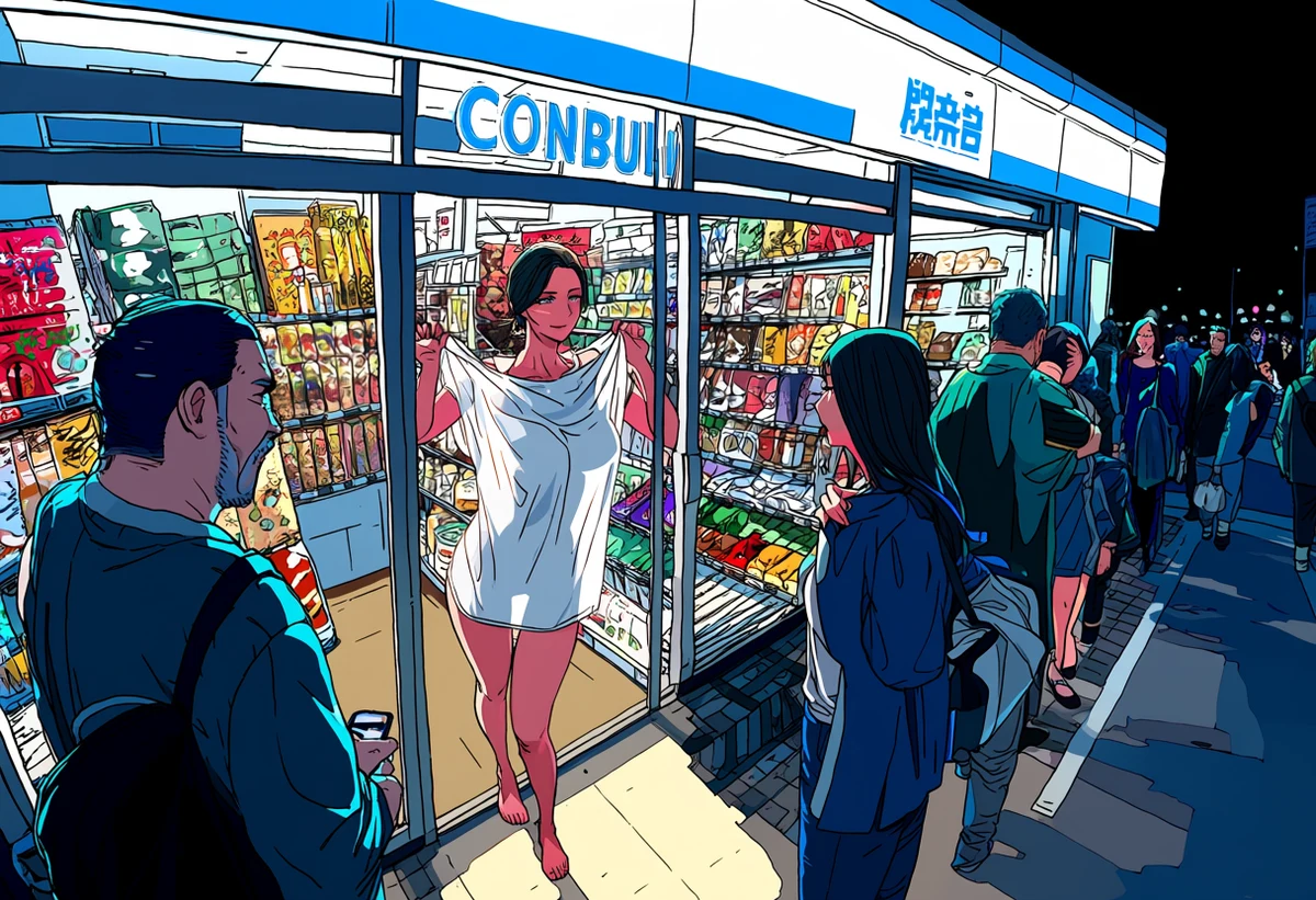an adult woman age 32 soaked through a white shirt sheltering with her adult partner under a convenience store awning at night, fluorescent glare, adult manga art style