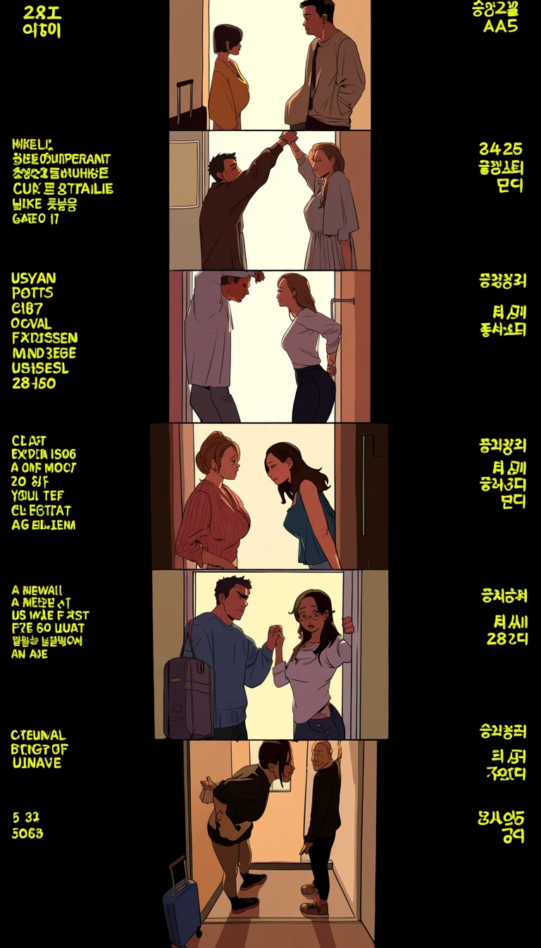 an adult couple age 35 and 31 caught mid-kiss in a doorway with a suitcase at their feet, tall vertical webtoon panel, dramatic backlight