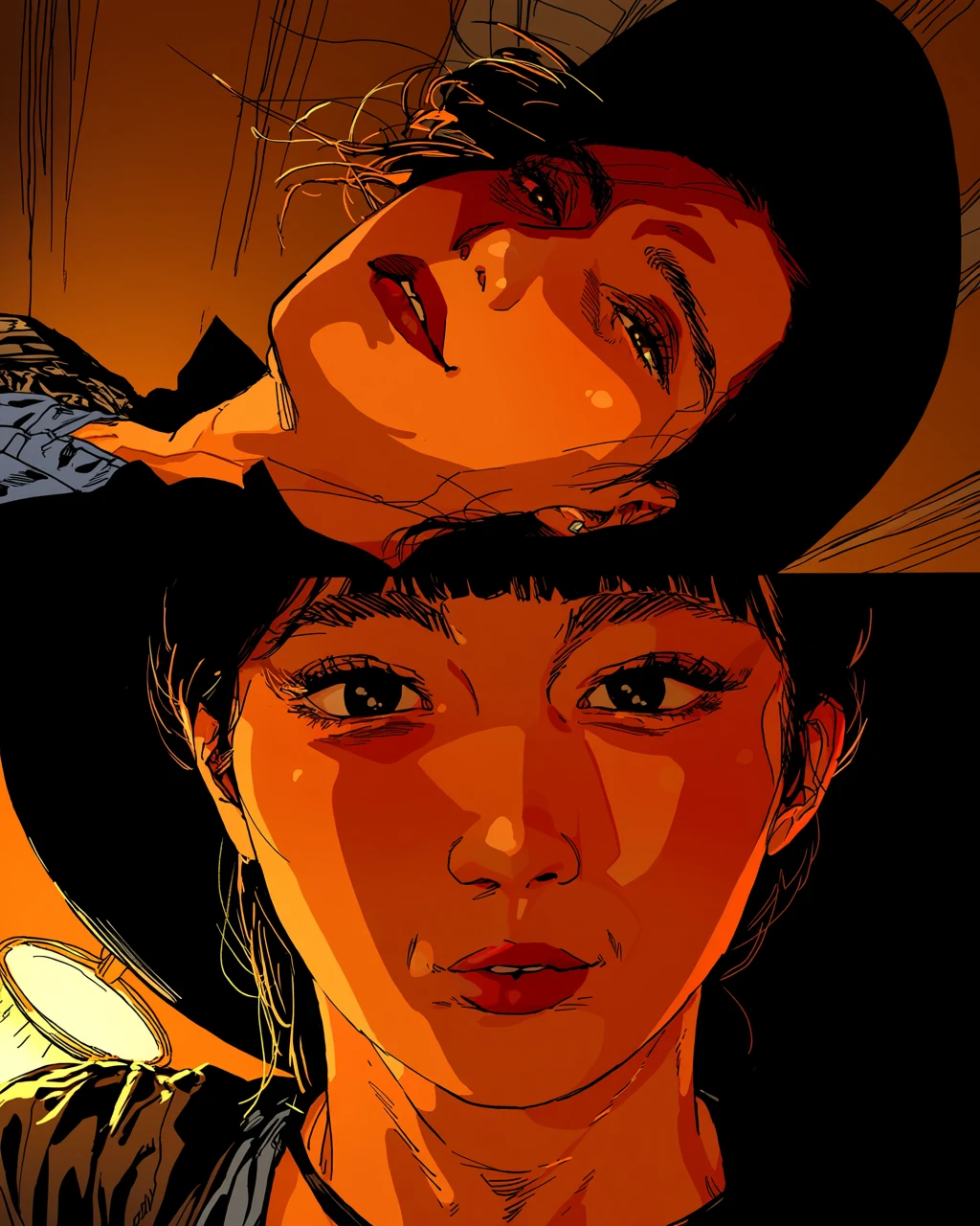 an adult partner age 36 looking up at the viewer from below, first person point of view perspective, warm lamp, shallow focus, explicit adult manhwa art style