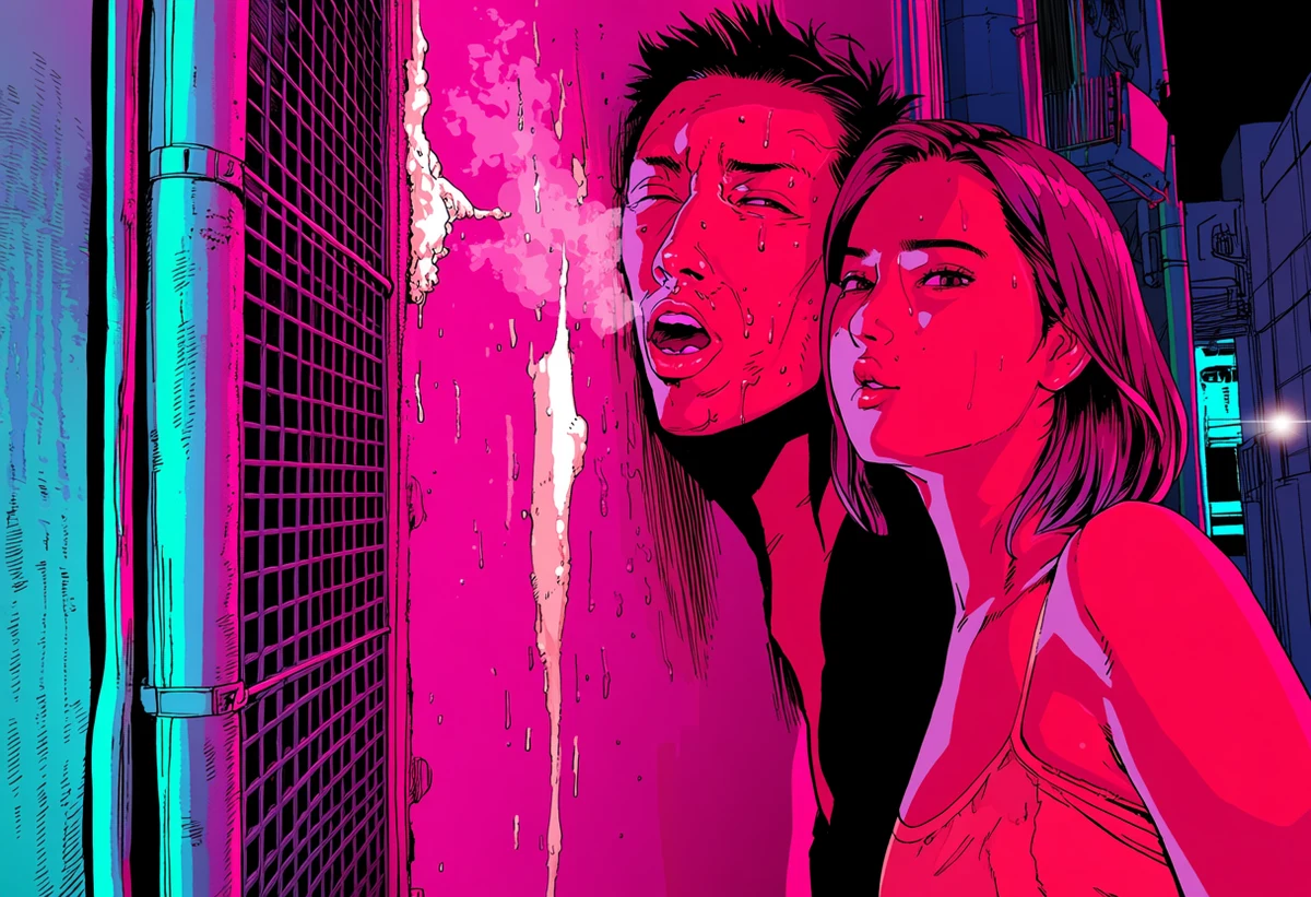 an adult couple age 33 and 39 pressed against a wet neon alley wall at night, steam from a grate, lens flare, saturated pink and cyan, adult anime art style