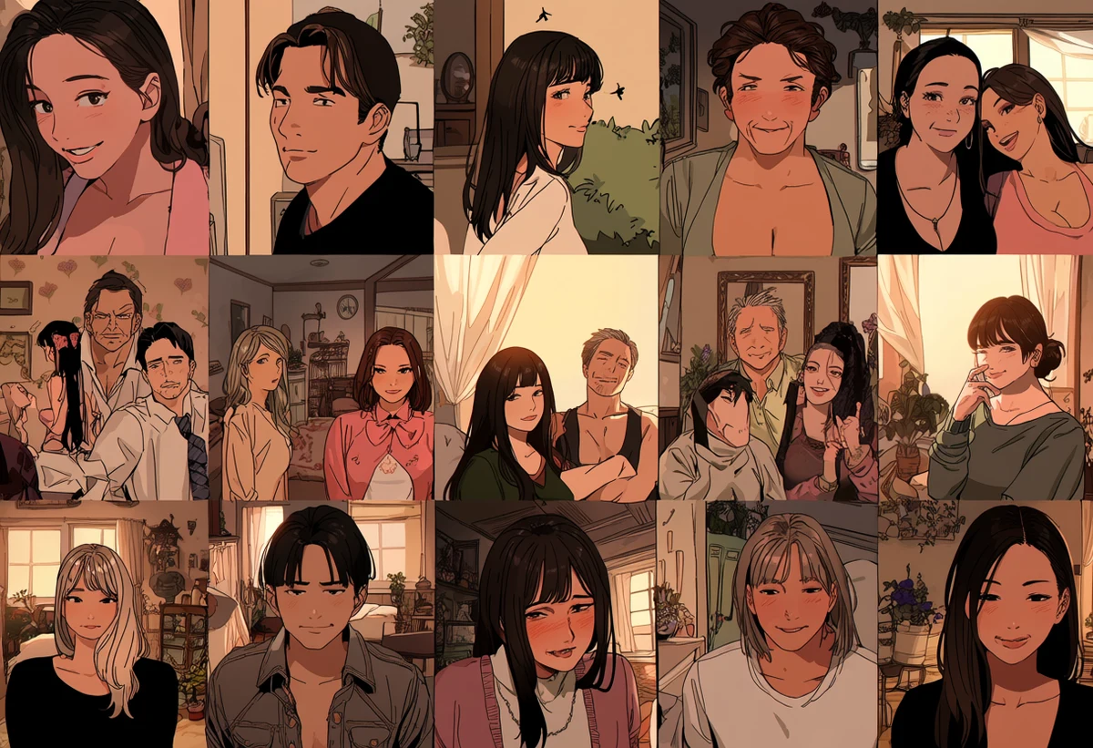 an adult couple age 55 and 41 in a garden cottage bedroom, curtains moving, second chances, soft afternoon light, adult manhwa art style
