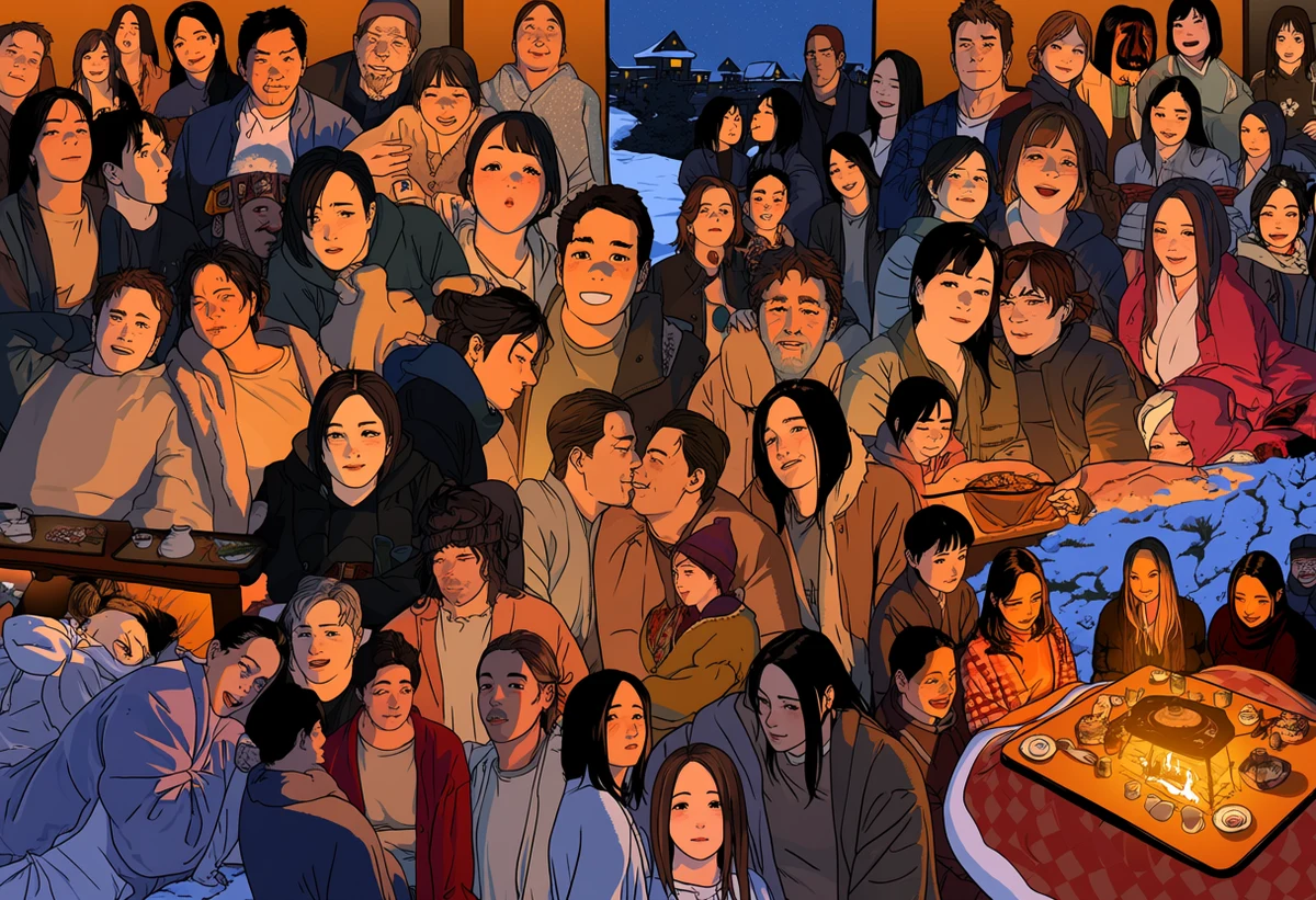 an adult couple age 36 and 31 under a kotatsu in a snowbound inn, sake set aside, hands beneath the blanket, warm orange glow against blue snow, adult manga art style